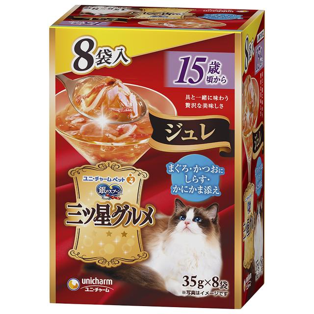 유니참 미츠보시 구르메 고양이 쥬레 파우치 15세 이상 참치·가다랑어·멸치·게맛살 35g×8봉 참고