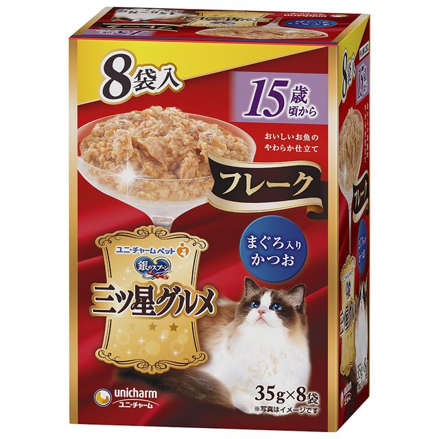 유니참 긴노스푼 미츠보시 구르메 고양이 파우치 플레이크 15세 이상 참치&가다랑어 35g×8봉